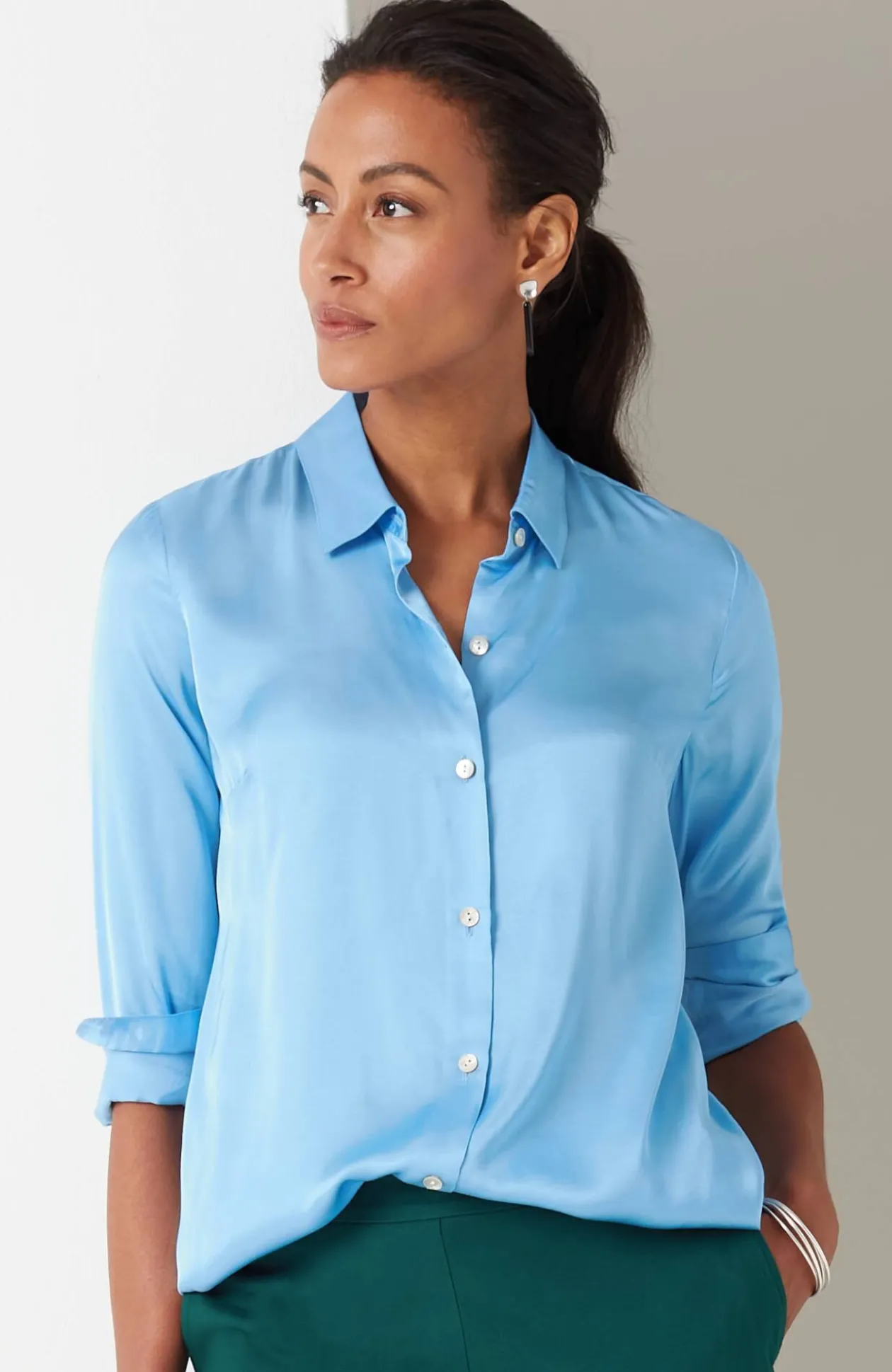 Satin Button-Front Shirt