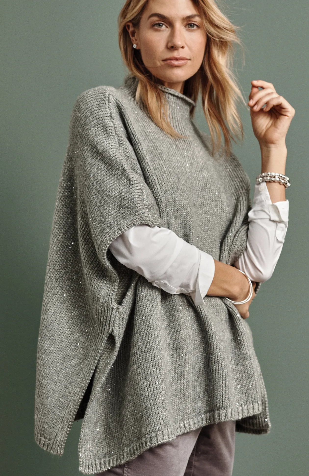 Sequin Sweater-Knit Poncho