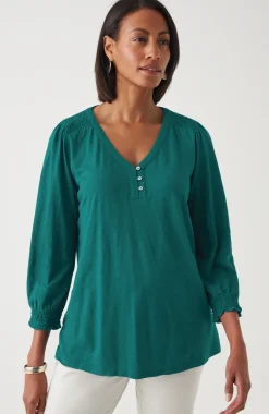 Smocked-Sleeve Henley Top