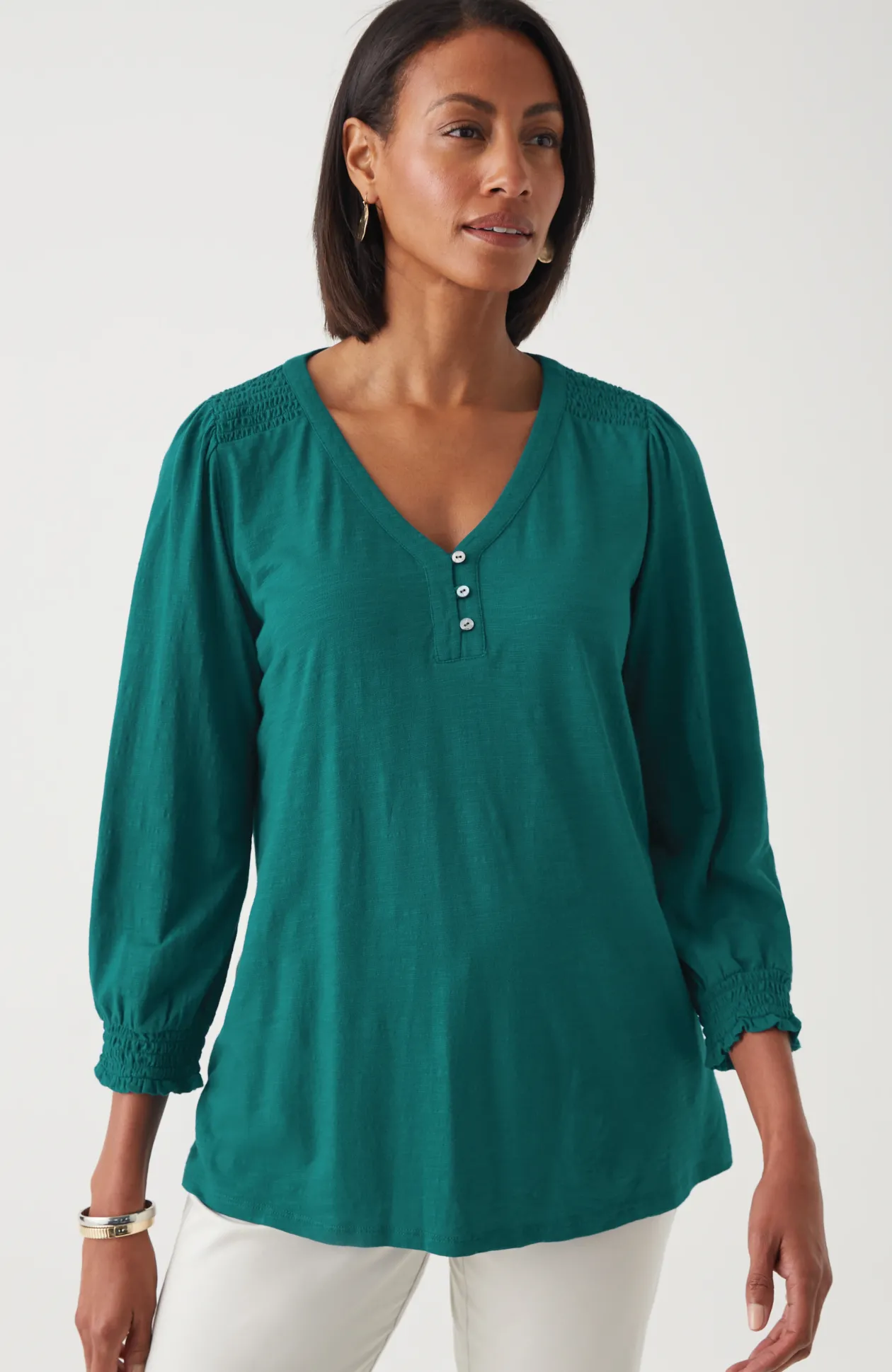 Smocked-Sleeve Henley Top