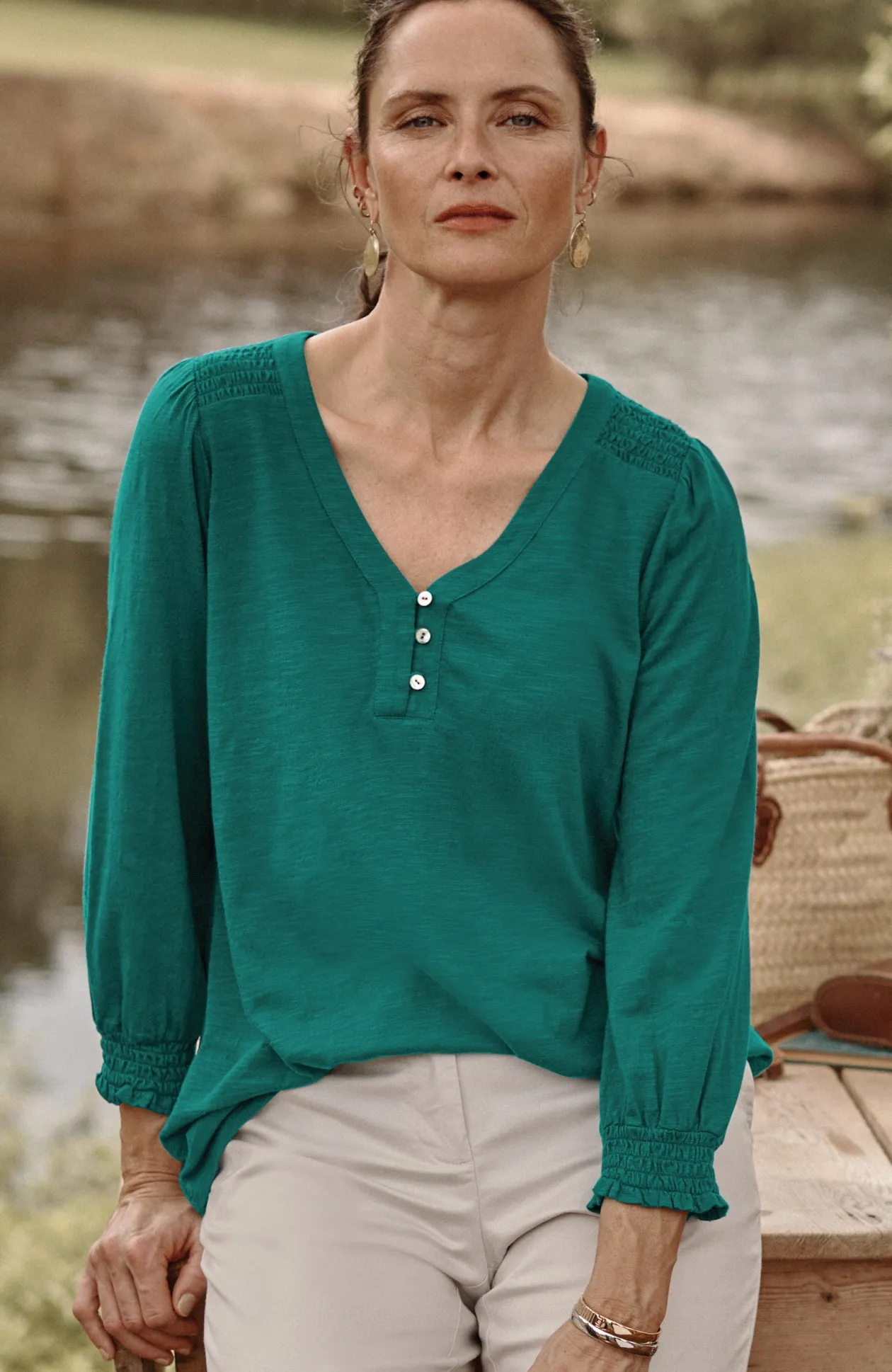 Smocked-Sleeve Henley Top
