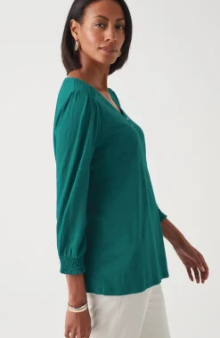 Smocked-Sleeve Henley Top