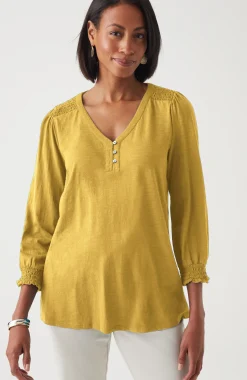 Smocked-Sleeve Henley Top
