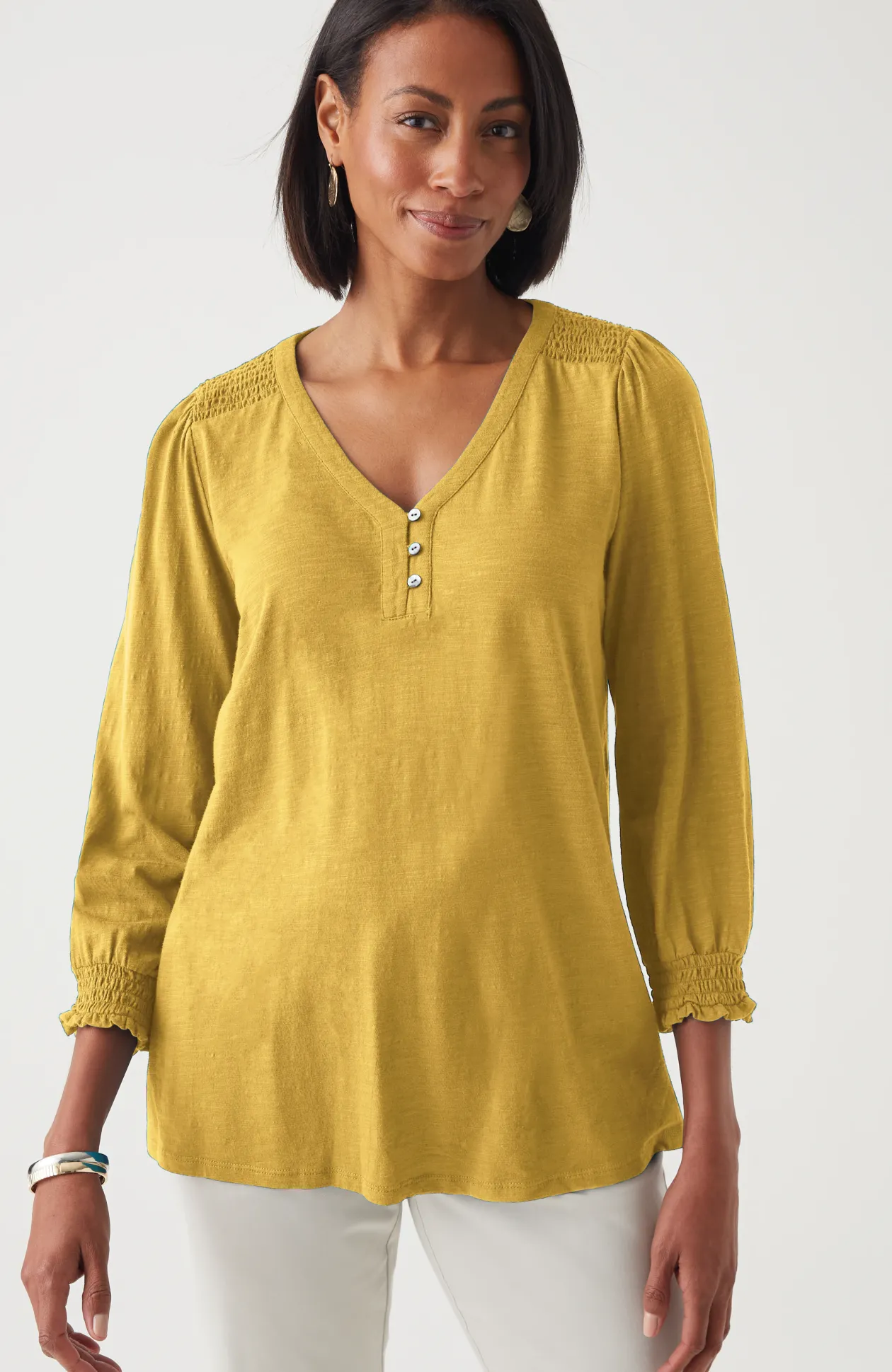 Smocked-Sleeve Henley Top