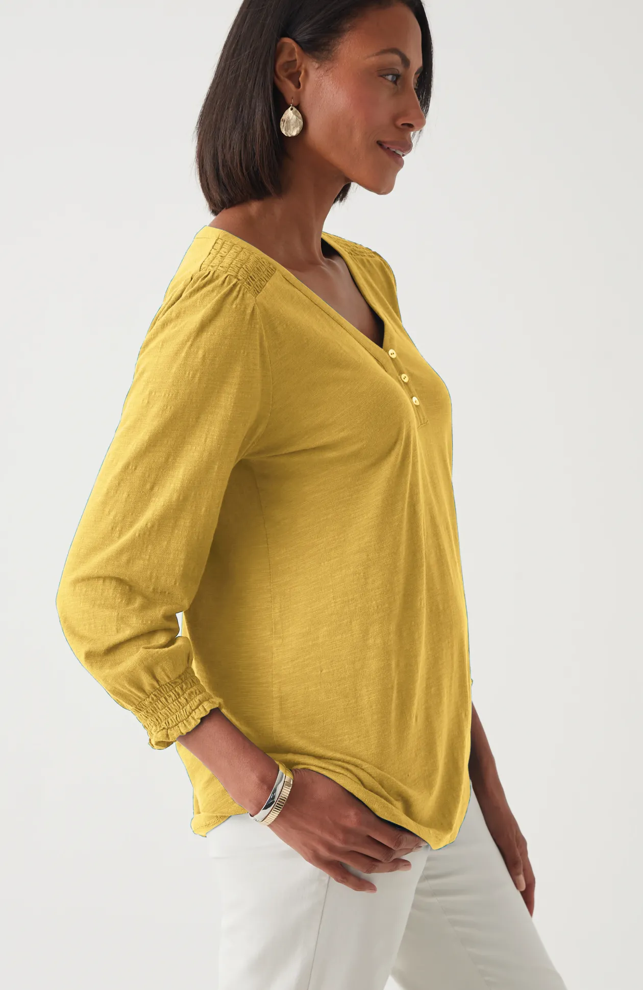 Smocked-Sleeve Henley Top