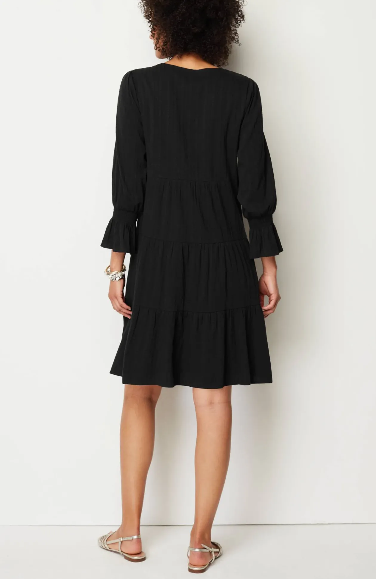 Smocked-Sleeves Tiered Dress