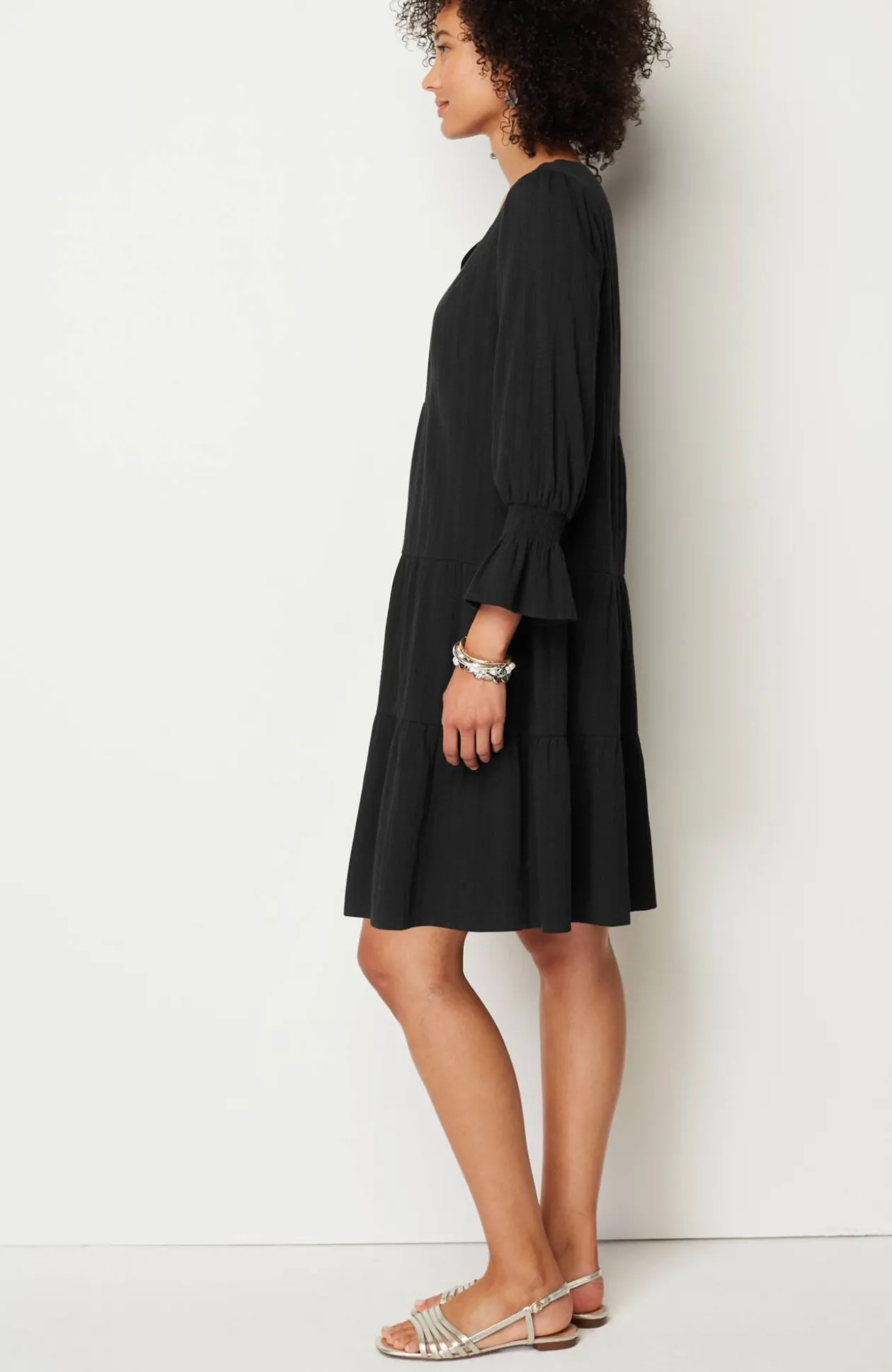 Smocked-Sleeves Tiered Dress