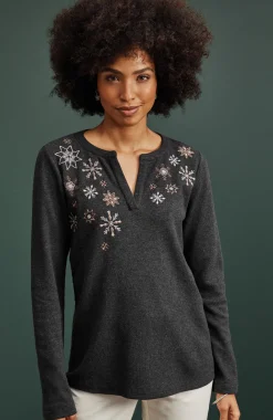 Snowflake-Embroidered Waffle-Textured Top