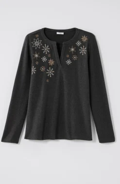 Snowflake-Embroidered Waffle-Textured Top