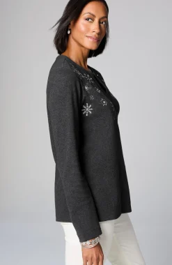 Snowflake-Embroidered Waffle-Textured Top