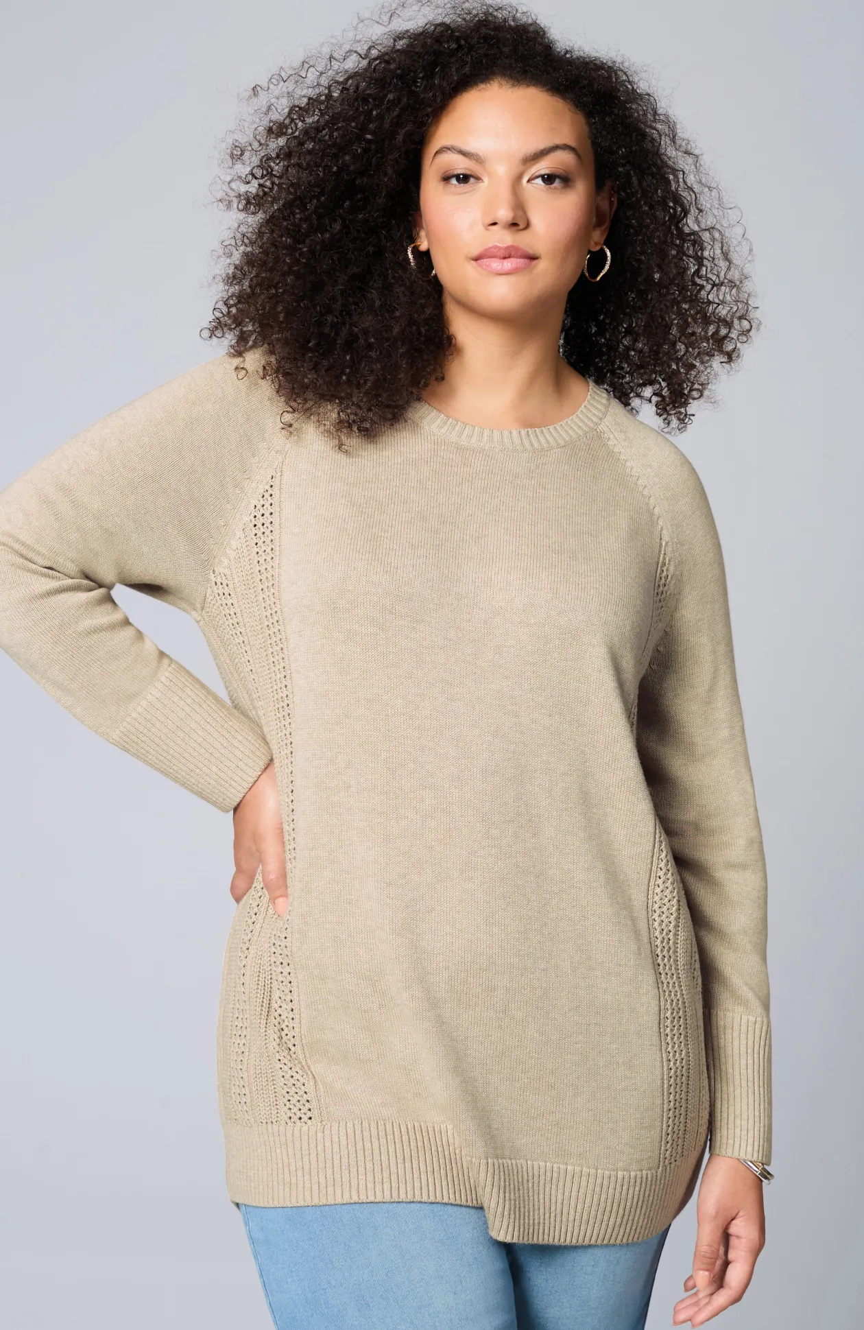 Textured-Sides Crew-Neck Sweater