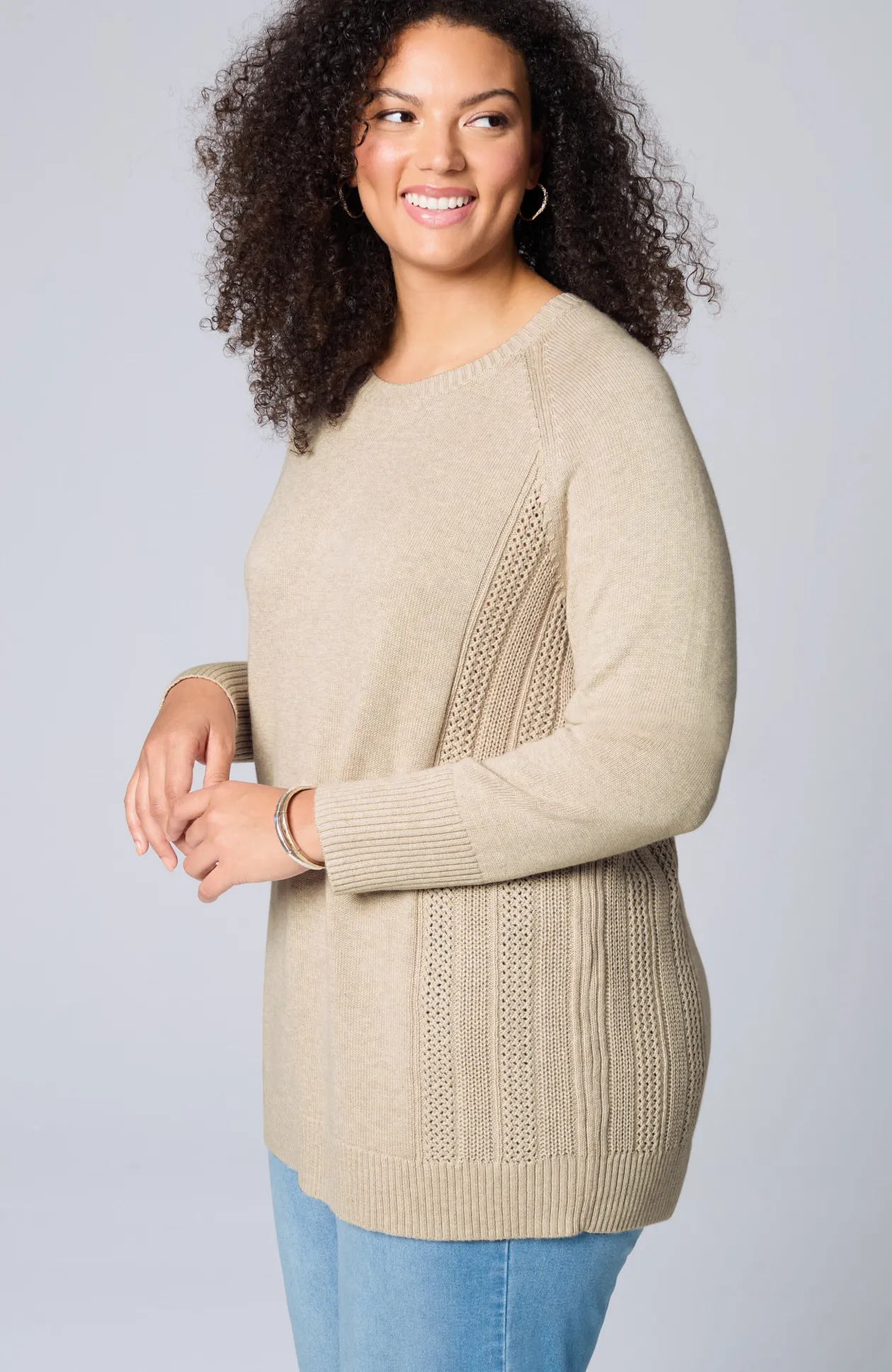 Textured-Sides Crew-Neck Sweater