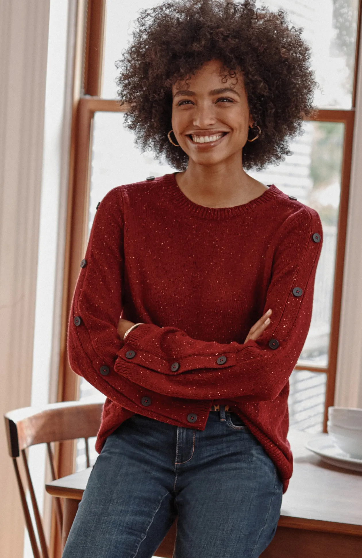 Tweed Buttoned-Sleeve Sweater