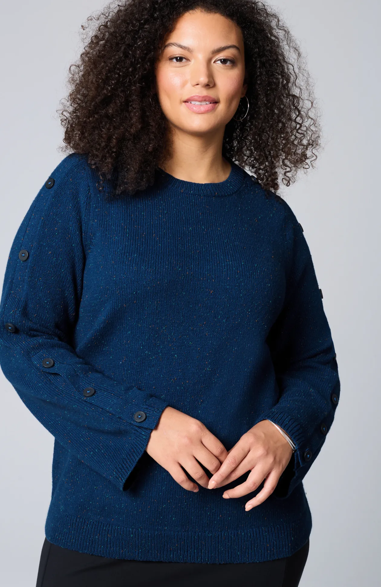 Tweed Buttoned-Sleeve Sweater