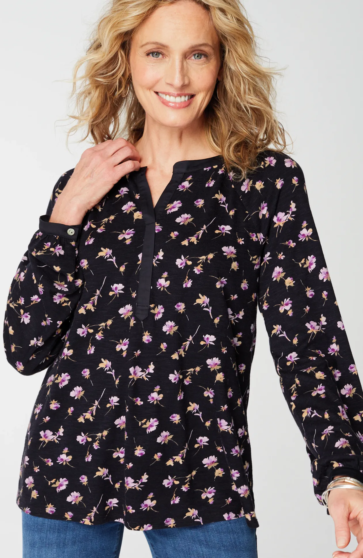 Woven-Trimmed Knit Top